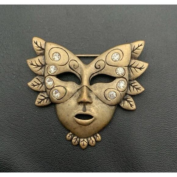 Vintage Masquerade Mask Lady Brooch Gold Mardi gras Large Rhinestone Pin - Picture 1 of 4